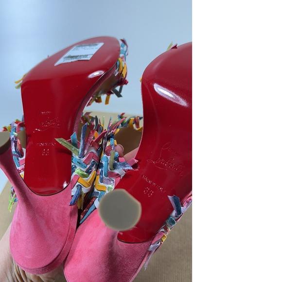 Meroine Pink Rainbow Woven 85mm raffia fringe heels mules D973 - Picture 7 of 11